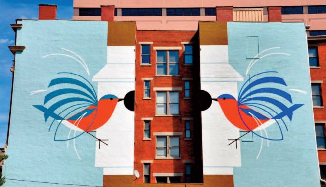 “Homecoming (BluCINCINNATI. “Homecoming (Blue Birds)” di Charley Harper, uno degli artisti più affermati e celebrati di Cincinnati.e Birds)” di Charley Harper a Cincinnati, Ohio Il murales “Homecoming (Blue Birds)”